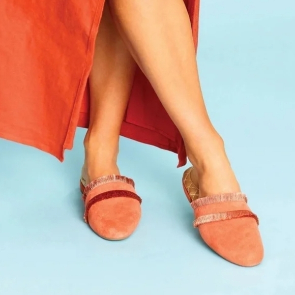 Birdies Ani Slide Coral Pink Fringed Mule Suede Leather Flat Size 8 - Picture 16 of 16